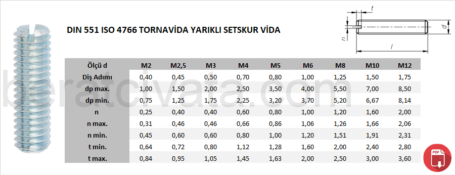 DIN 551 ISO 4766 TORNAVİDA YARIKLI SETSKUR VİDA