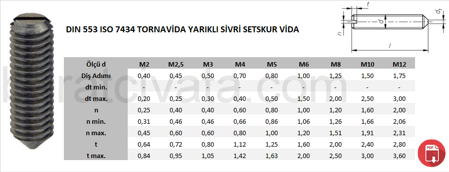 DIN 553 ISO 7434 TORNAVİDA YARIKLI SİVRİ SETSKUR VİDA