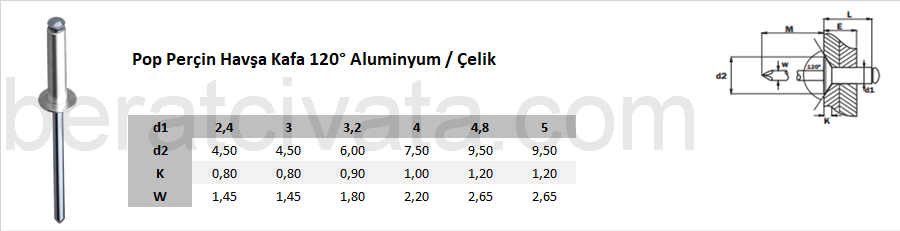 Pop Perçin Havşa Kafa 120° Aluminyum / Çelik