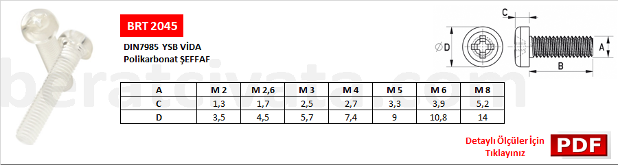 BRT 2045 Yıldız Silindir Başlı Şeffaf Plastik Vida DIN 7985