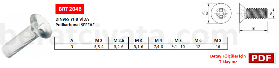 BRT 2046 Yıldız Havşa Başlı Şeffaf Plastik Vida DIN 965