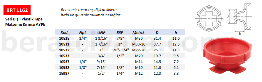 BRT 1162 Uni Sıkı Geçme Kapak Tapa Kırmızı