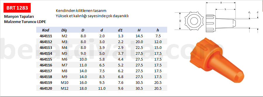 BRT 1283 Manşon Tip Sıkı Geçme Tapa Kapak Turuncu