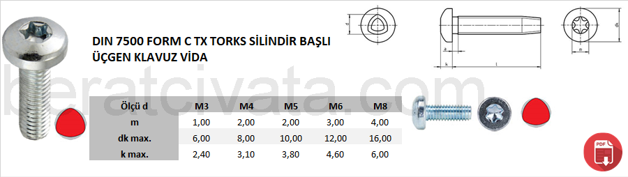 DIN7500 FORM C TX TORKS SİLİNDİR BAŞLI ÜÇGEN KLAVUZ VİDA