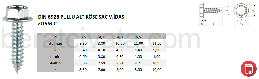 DIN 6928 C Rakb Anahtar Başlı Pullu Sac Vidası