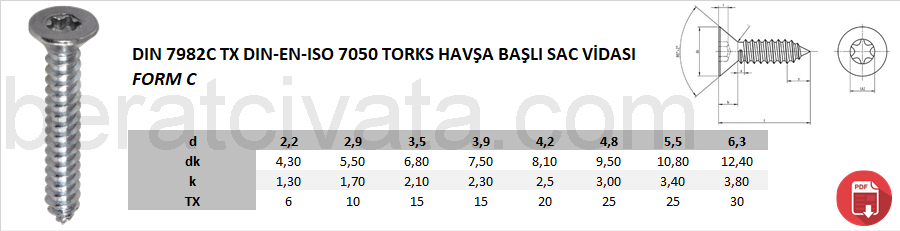 DIN 7982C TXDIN-EN-ISO 7050 Torks Havşa Baş Sac Vidası