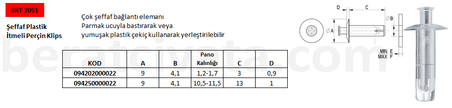 BRT 2051 Şeffaf Plastik İtmeli Perçin Klips