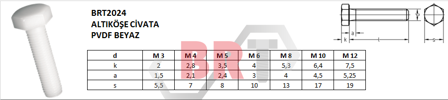 BRT2024 ALTIKÖŞE CİVATA PVDF Poliviniliden Florid BEYAZ