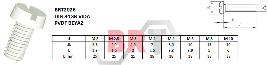 BRT2026 DIN 84 SB VİDA PVDF Poliviniliden Florid BEYAZ