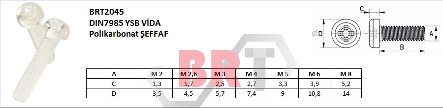 BRT2045 DIN7985 YSB VİDA Polikarbonat ŞEFFAF