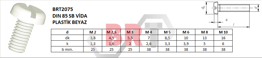 BRT2075 DIN 85 SB VİDA PLASTİK BEYAZ