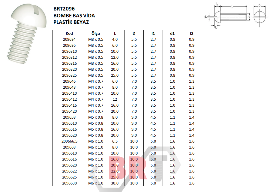BRT2096 BOMBE BAŞ VİDA PLASTİK BEYAZ
