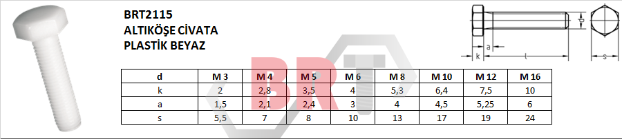 BRT2115 ALTIKÖŞE CİVATA PLASTİK BEYAZ